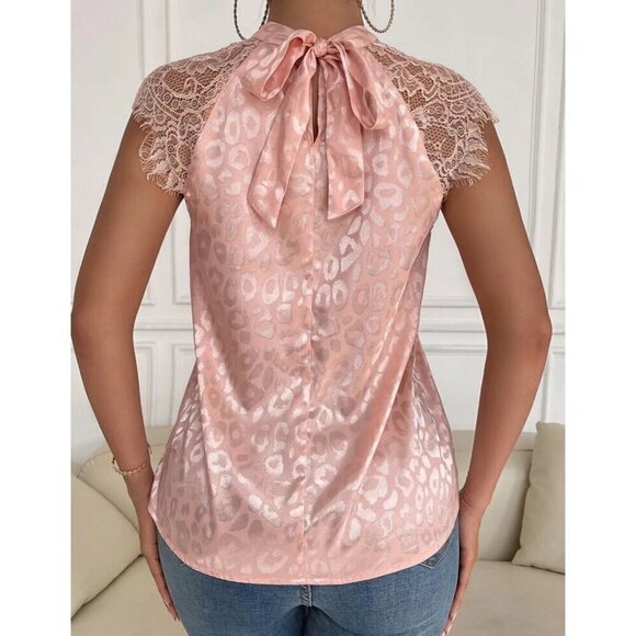 Leopard Elegant Dusty Pink Contrast Lace Satin Blouse - Picture 3 of 6